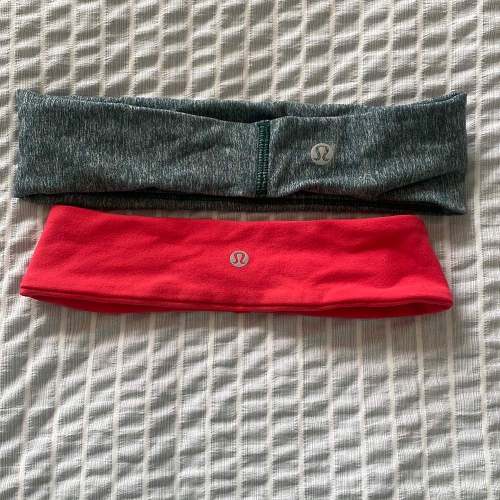 2 Lululemon headbands, green and pink, one size